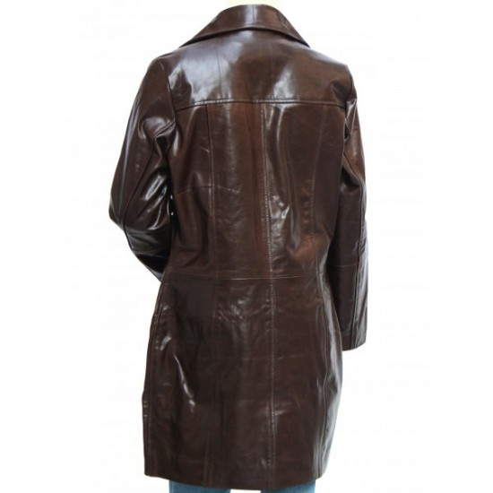 Dark Brown Leather Coat Beautiful Long Length For Women - Uzziah