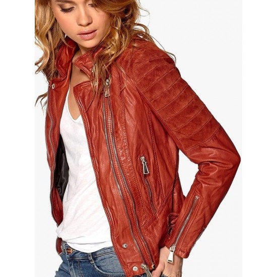 Womens Slim Fit Tan Brown Waxed Leather Jacket 