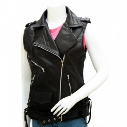 Classical Women's Black Leather Biker Vest Antonio