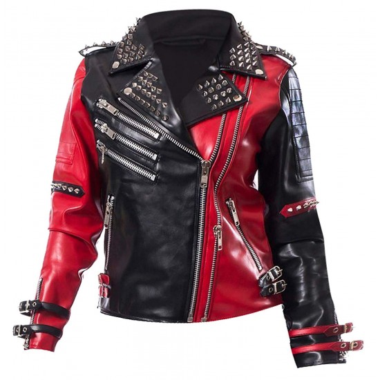 Harley Quinn Psychotic Red and Black Studded Leather Jacket
