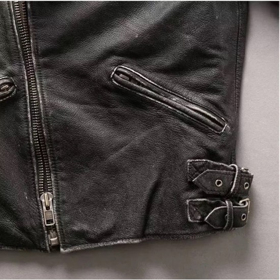 Mens Skull Distressed Black Vintage Biker Jacket